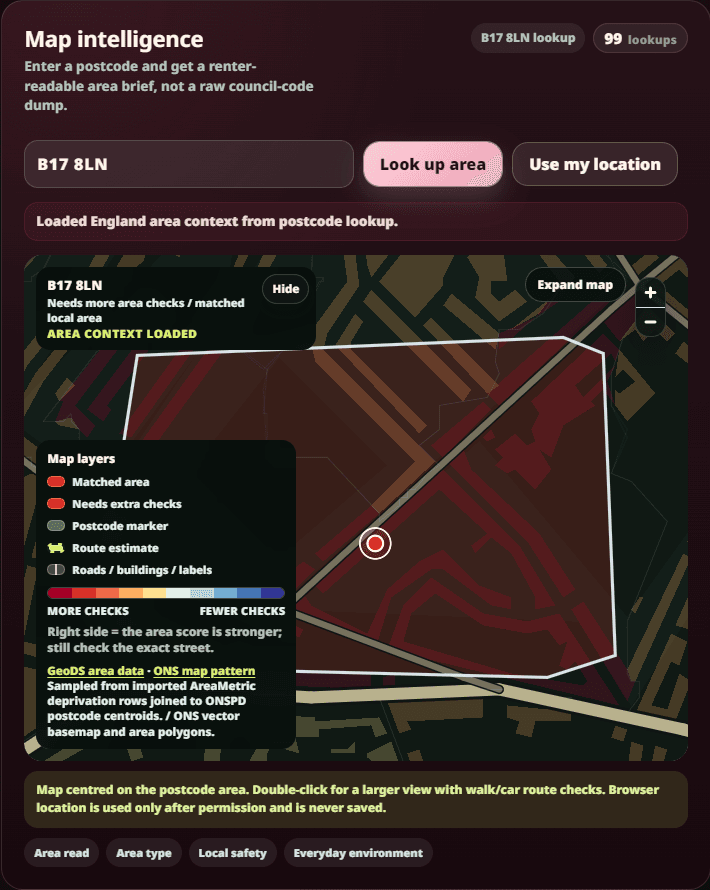 Cropped NeighbourFit Map Intelligence panel for a B17 8LN lookup.